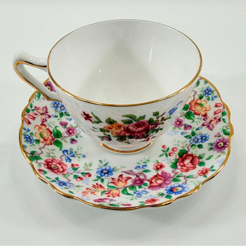 Crown Staffordshire England Fine Bone China Floral Gold Trim Teacup Cup & Saucer